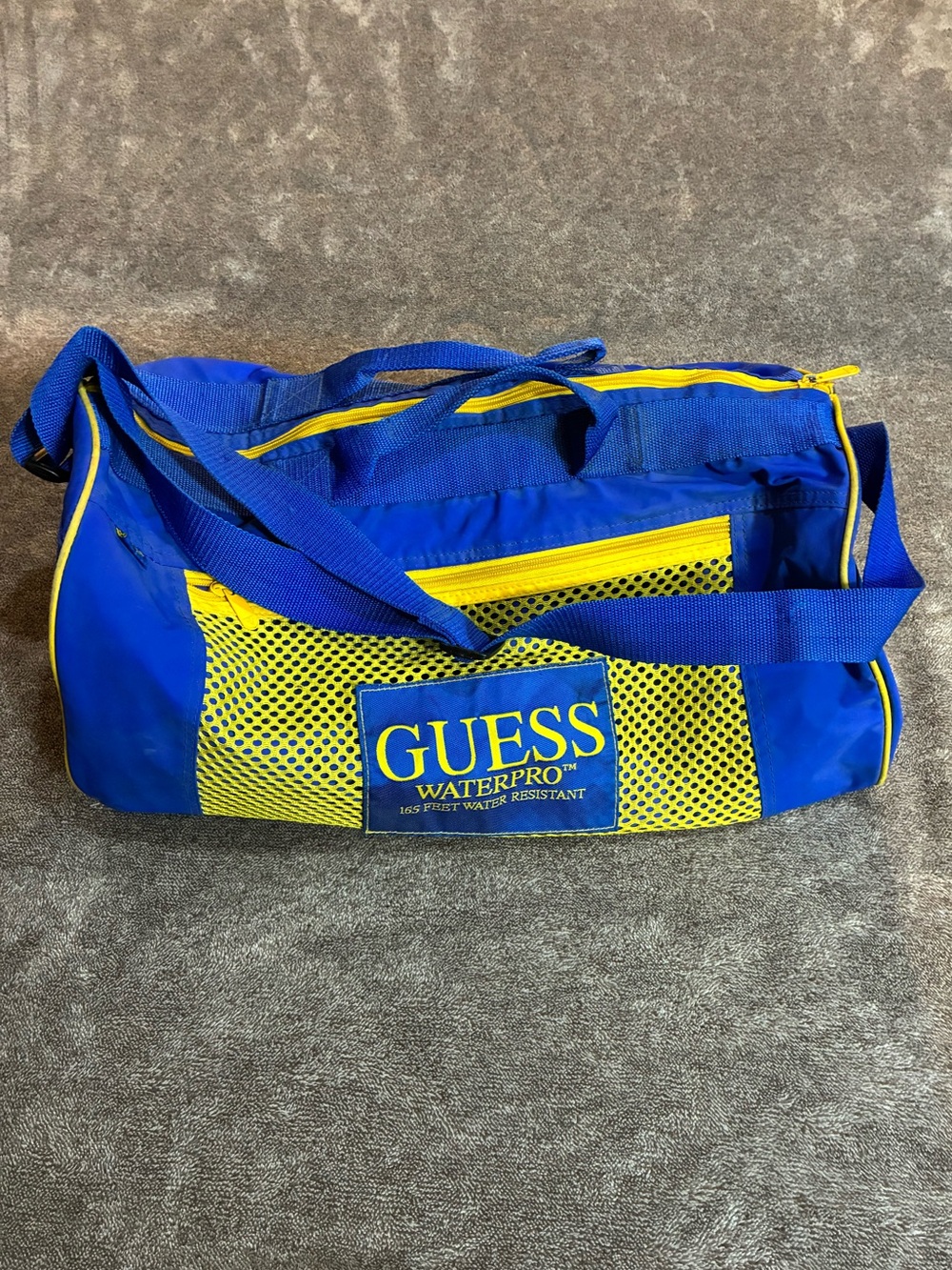 Vintage 90s Guess Waterpro Blue/Yellow Sports Duffle Bag Gym Athletic Canvas 19”
